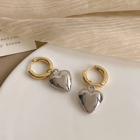 Gold & Silver Color Solid Heart Pendant Hoop Dangle Earrings - Picture 6 of 9